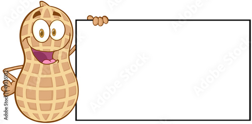 Peanut Cartoon Mascot Character Holding A Blank Sign