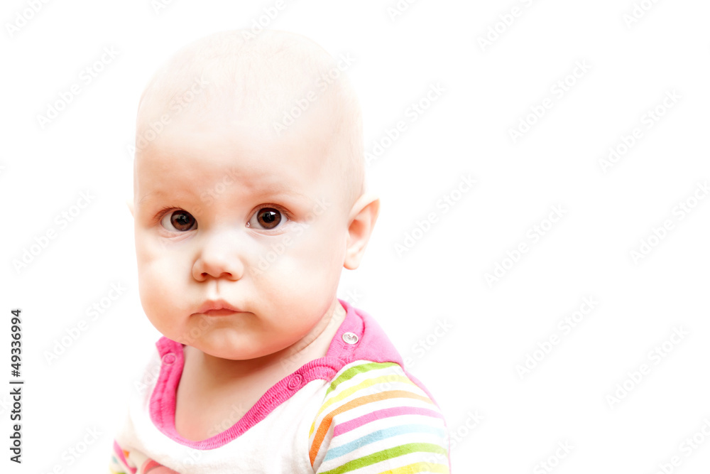 Little sad brown eyed baby, portrait isolated on white Little sad brown eyed baby, portrait isolated on white