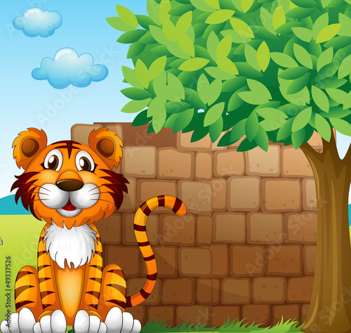 A tiger at the left side of a brick wall