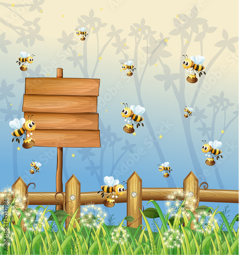 Bees in the forest with an empty signboard