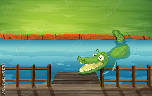 A crocodile and a bench