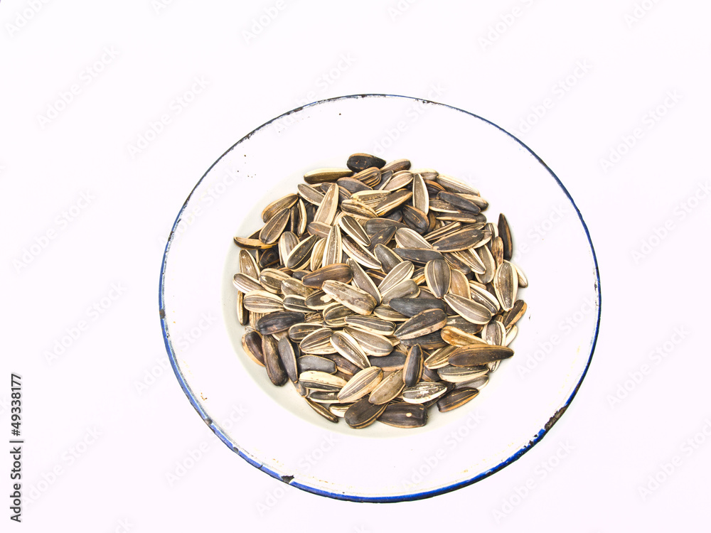 Sunflower seeds in a whith dish isolated on white background as