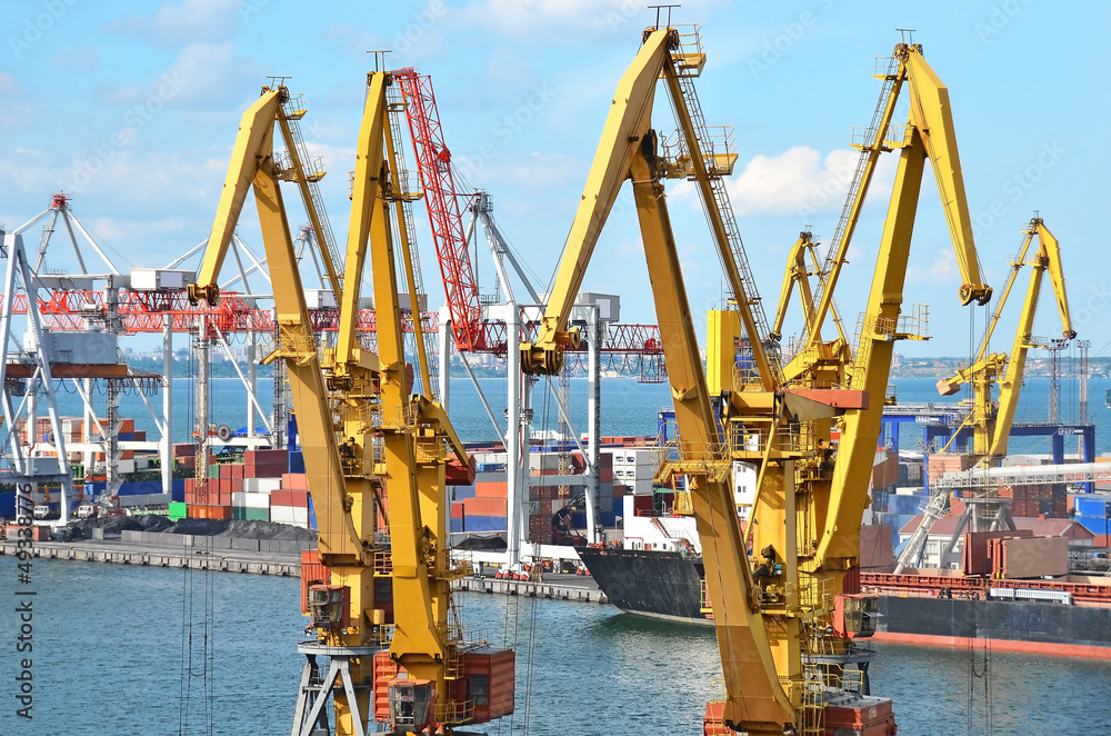 Container stack and ship under crane bridge Container stack and ship under crane bridge
