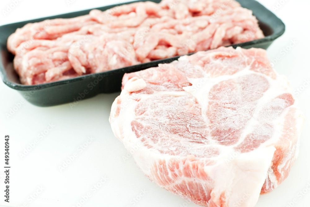 Pork and Pork grind. on a cutting board Pork and Pork grind. on a cutting board