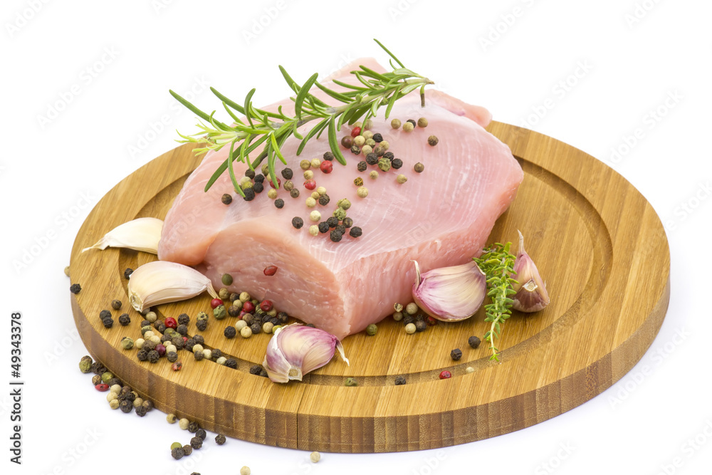 turkey meat on wooden board with various herbs and spices turkey meat on wooden board with various herbs and spices