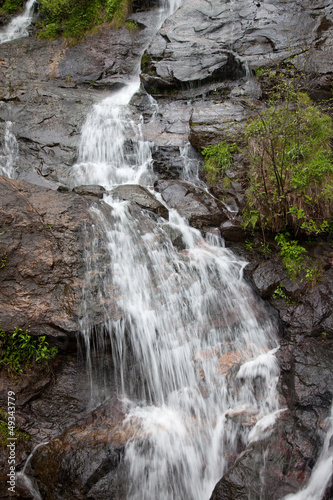 waterfall over stones with bushes on the side