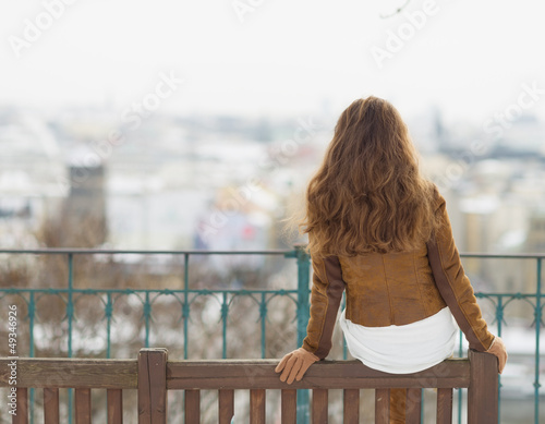 Young woman sitting on bench in winter outdoors. rear view