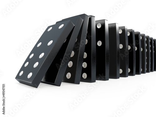 3d Black dominoes falling over from the side