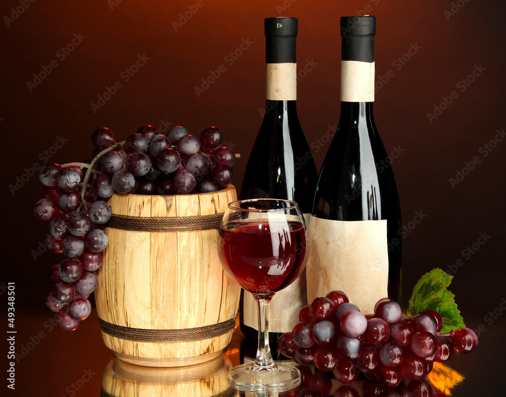 Composition of wine, wooden barrel and  grape,