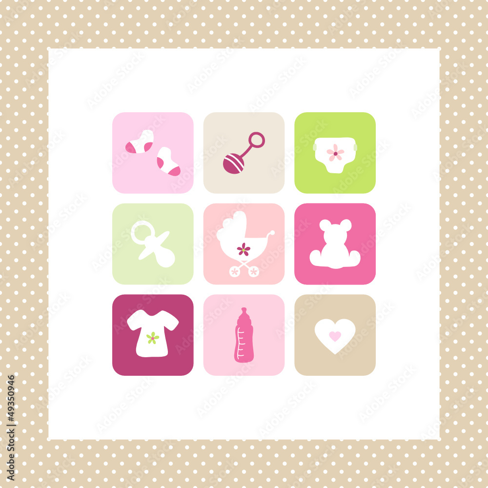 Baby Card 9 Symbols Girl Dots Border Baby Card 9 Symbols Girl Dots Border
