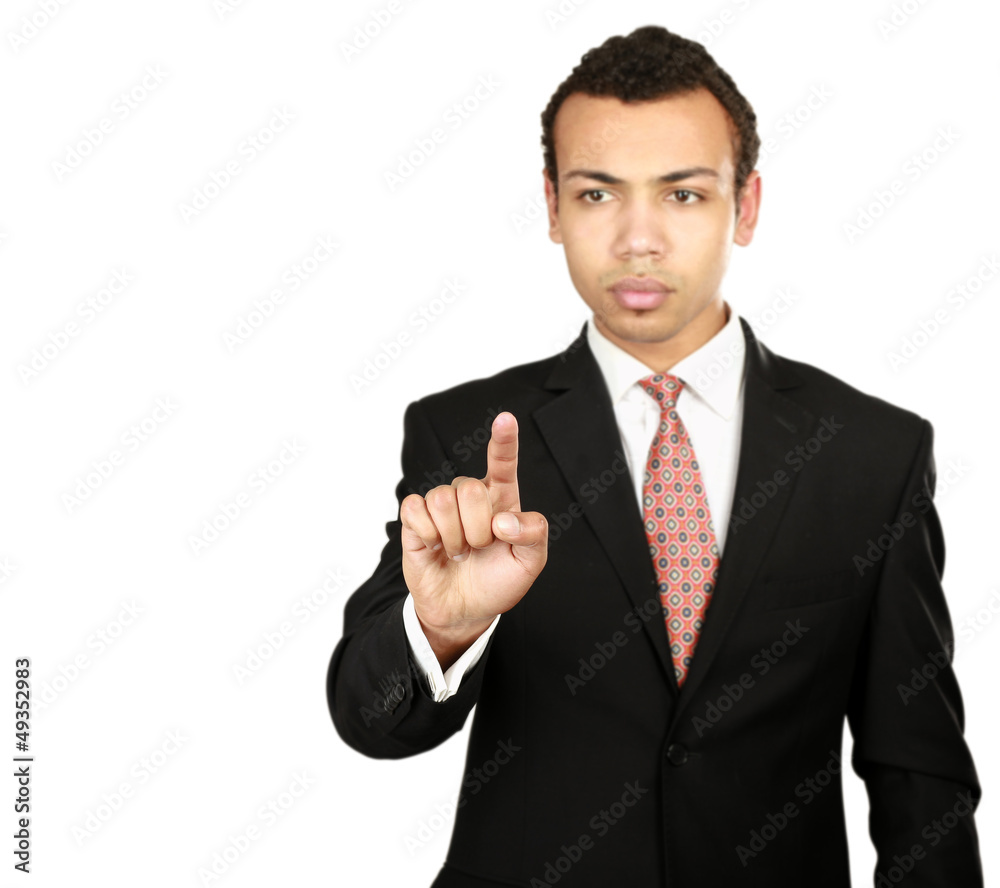 Business man touching an imaginary screen or button Business man touching an imaginary screen or button