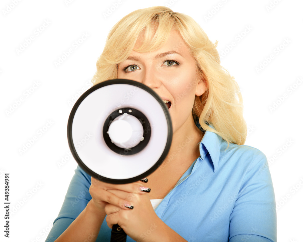 Fototapeta premium Portrait of a beautiful woman shouting through megaphone