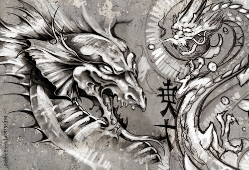 Dragons, tattoo illustration over grey wall