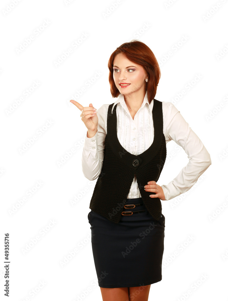Portrait of young business woman pointing at white background Portrait of young business woman pointing at white background