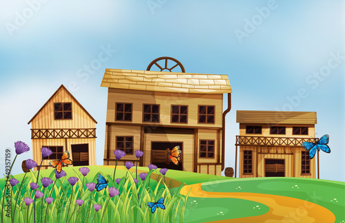 Three wooden houses
