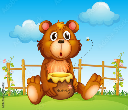 A bear with honey pot and honey bee