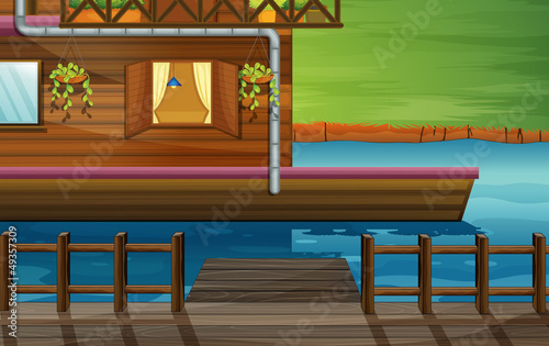 A wooden house in the river