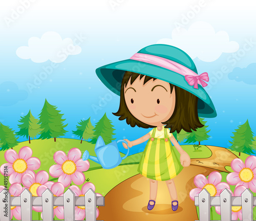 A girl watering the flowers