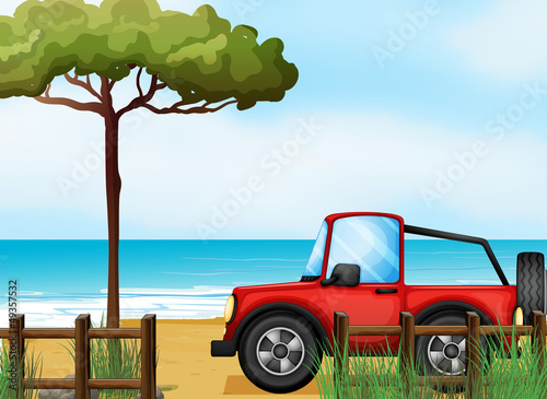A red jeepney at the beach