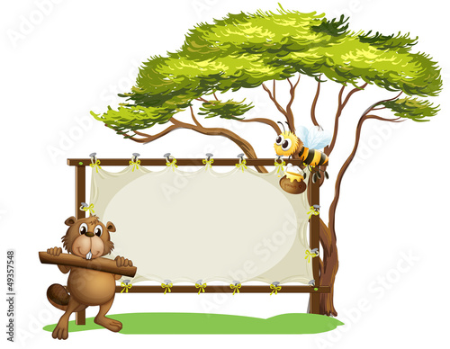 A beaver with a stick and a bee with a pot of honey