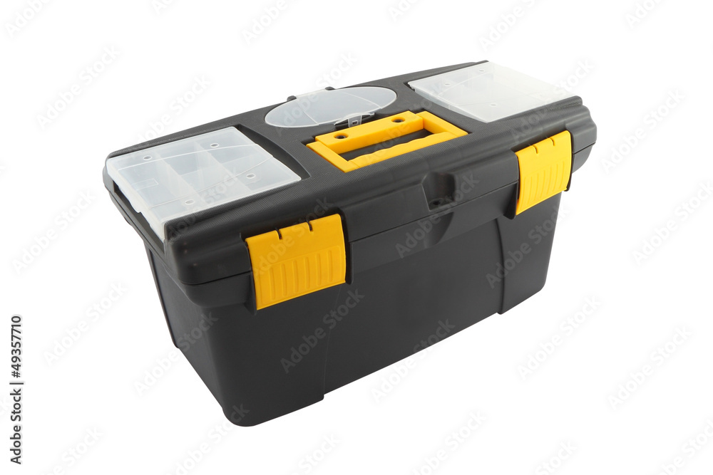 Side black plastic tool box on white background. Side black plastic tool box on white background.