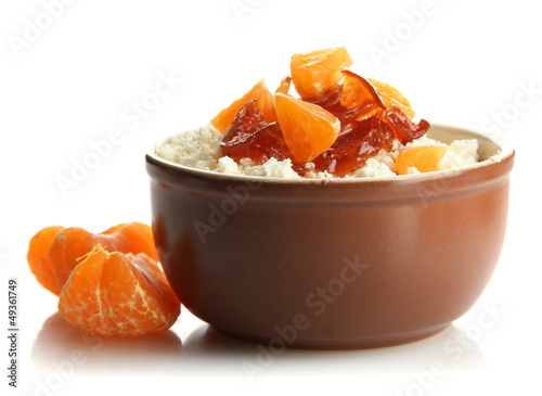 cottage cheese in bowl with homemade tangerine jam, isolated