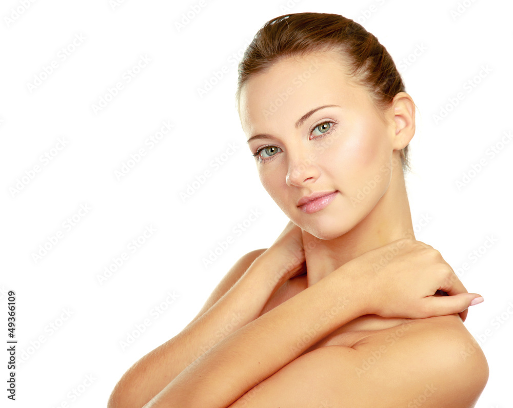 Young woman touching her neck isolated on white background Young woman touching her neck isolated on white background