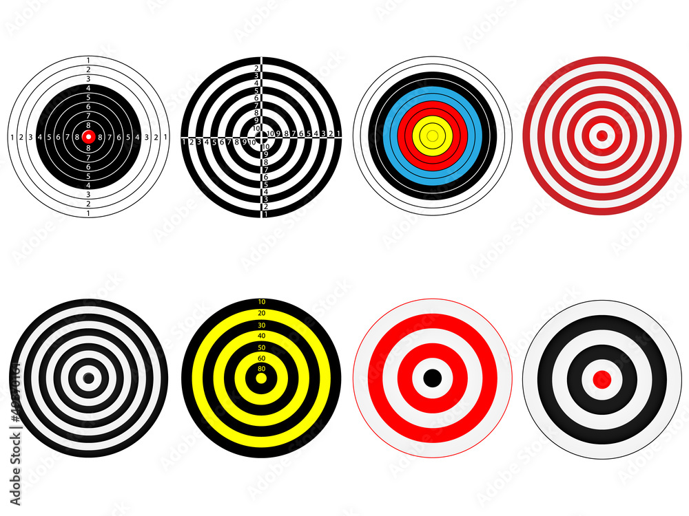 Set of eight targets, isolated on white,vector