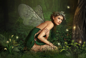 Poster Feen und Elfen Glühende Fee im mystischen Wald  © Atelier Sommerland