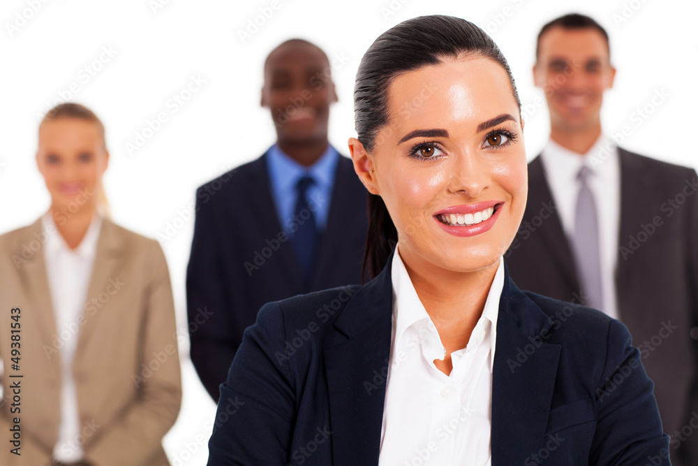 pretty businesswoman and team on white background pretty businesswoman and team on white background