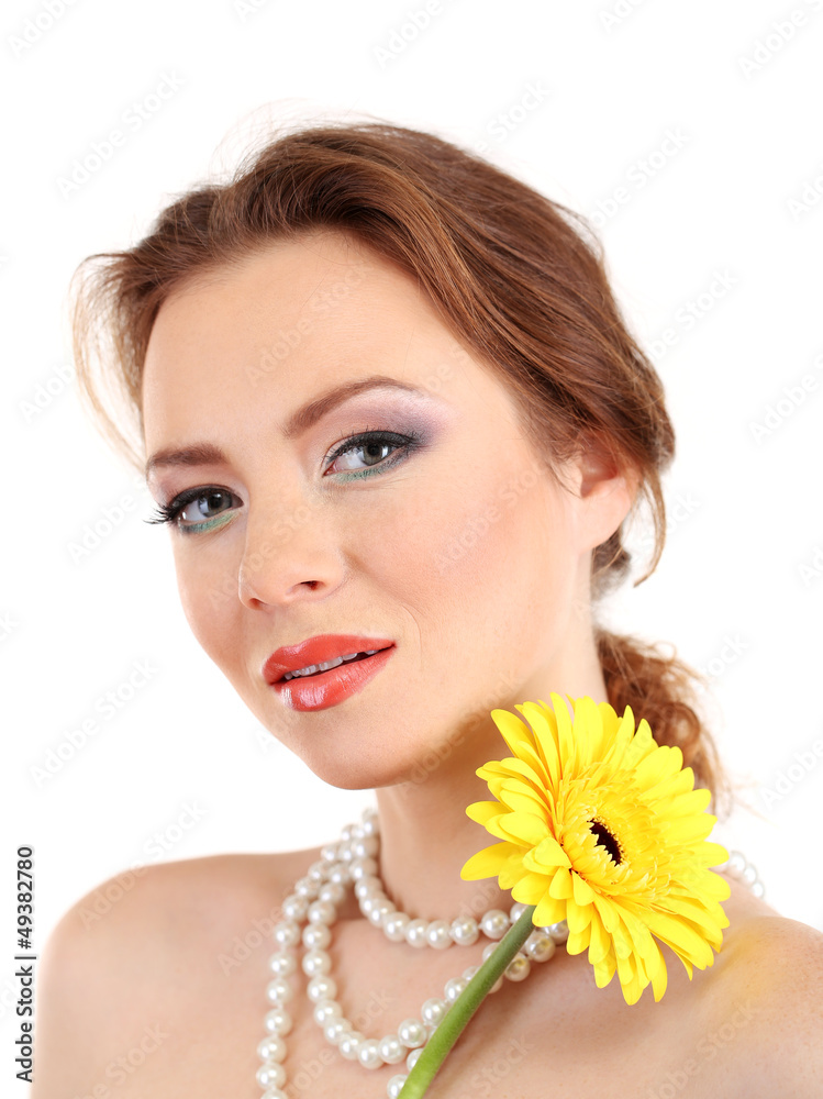 Beautiful young woman with bright make-up, holding flower, Beautiful young woman with bright make-up, holding flower,