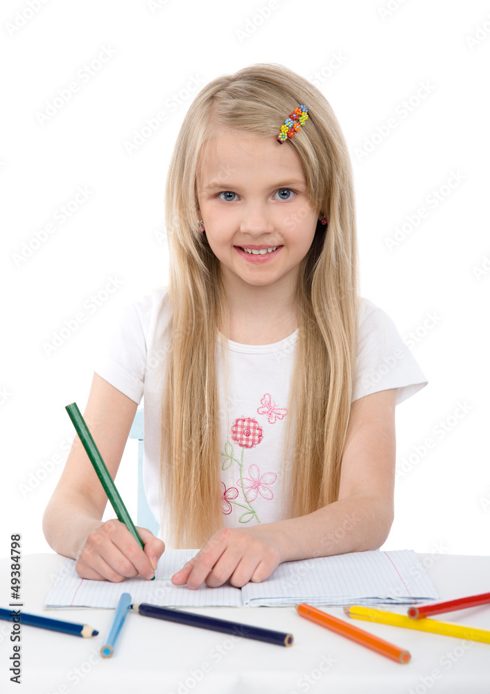 Cute girl draw with colorful pencils. isolated Cute girl draw with colorful pencils. isolated