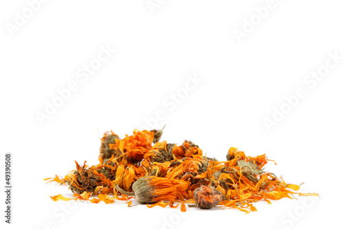 Herbs. Dried calendula or pot marigold flowers isolated on white