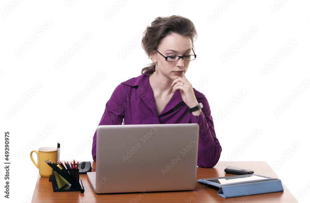 Secretary looking at a digital tablet isolated on white Secretary looking at a digital tablet isolated on white