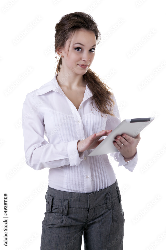 Girl with a digital tablet in hands smiling isolated on white Girl with a digital tablet in hands smiling isolated on white