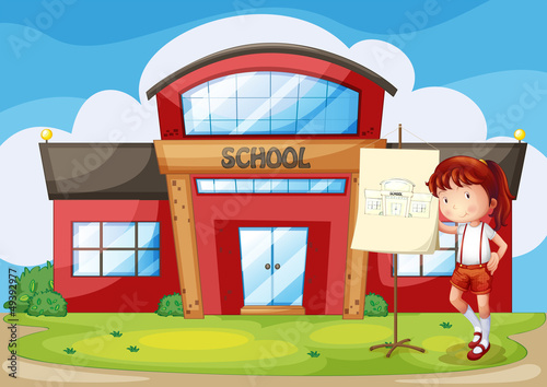 A smiling girl and a school