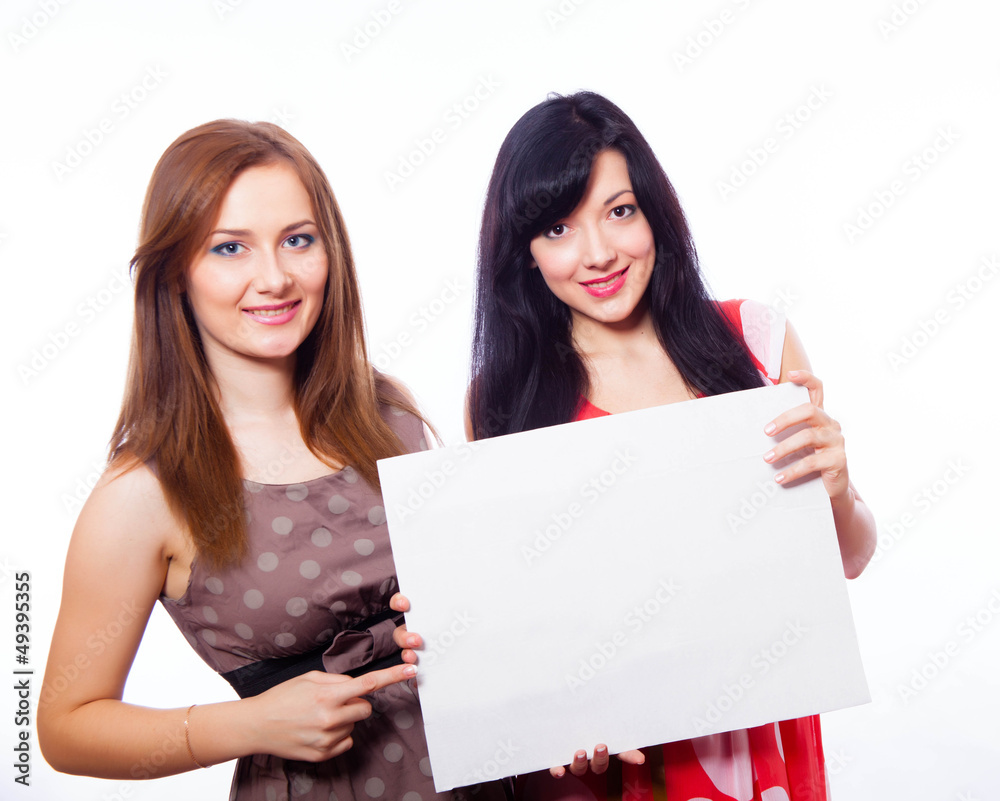 Two girls with banner. Two girls with banner.