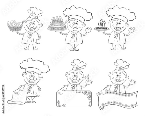 Set of cartoon cooks, chefs, outline