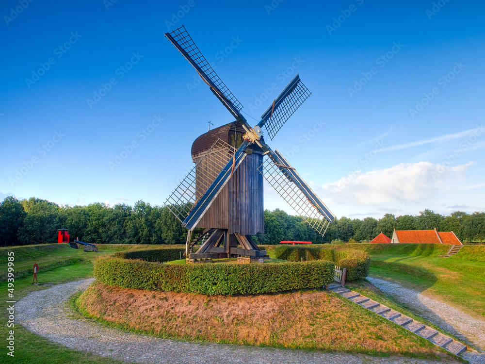 Dutch Wooden Windmill in an Old Fortified Village