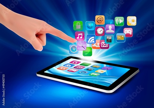 Background with colorful icons in a tablet and hand. Vector ill