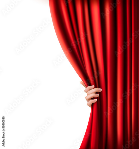 Background with red velvet curtain and hand. Vector illustration