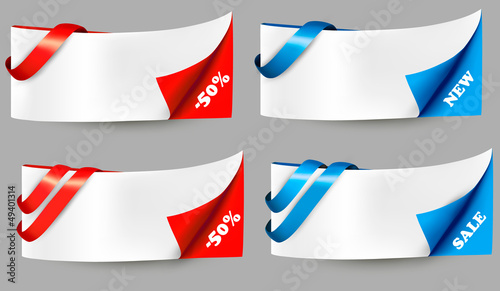 Red and blue sale banners with ribbons. Vector.