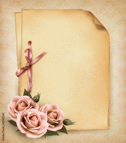 Retro background with beautiful pink rose and old paper. Vector
