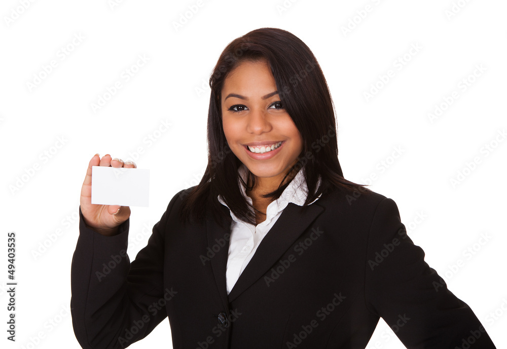 Happy Businesswoman Holding Visiting Card Happy Businesswoman Holding Visiting Card