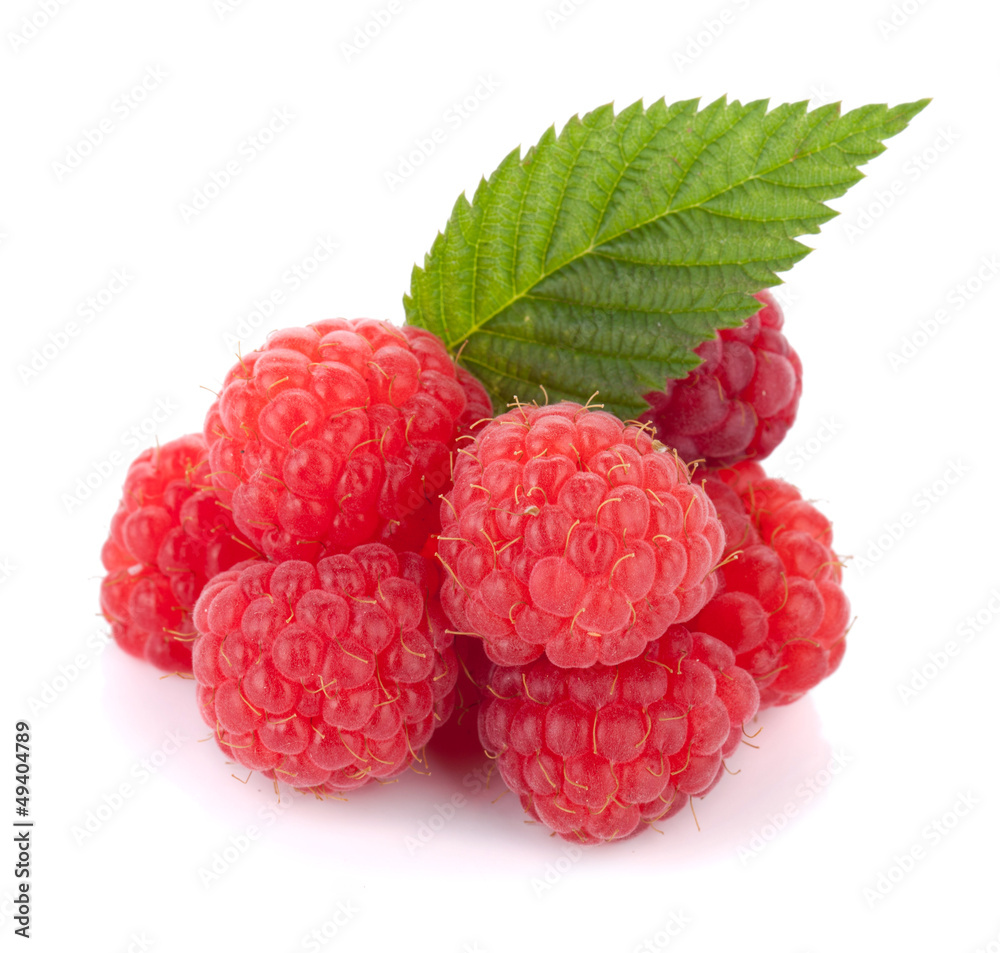 Fresh raspberries with green leaf Fresh raspberries with green leaf