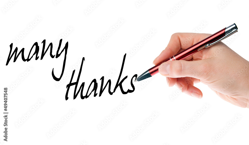 hand with pen writes many thanks hand with pen writes many thanks