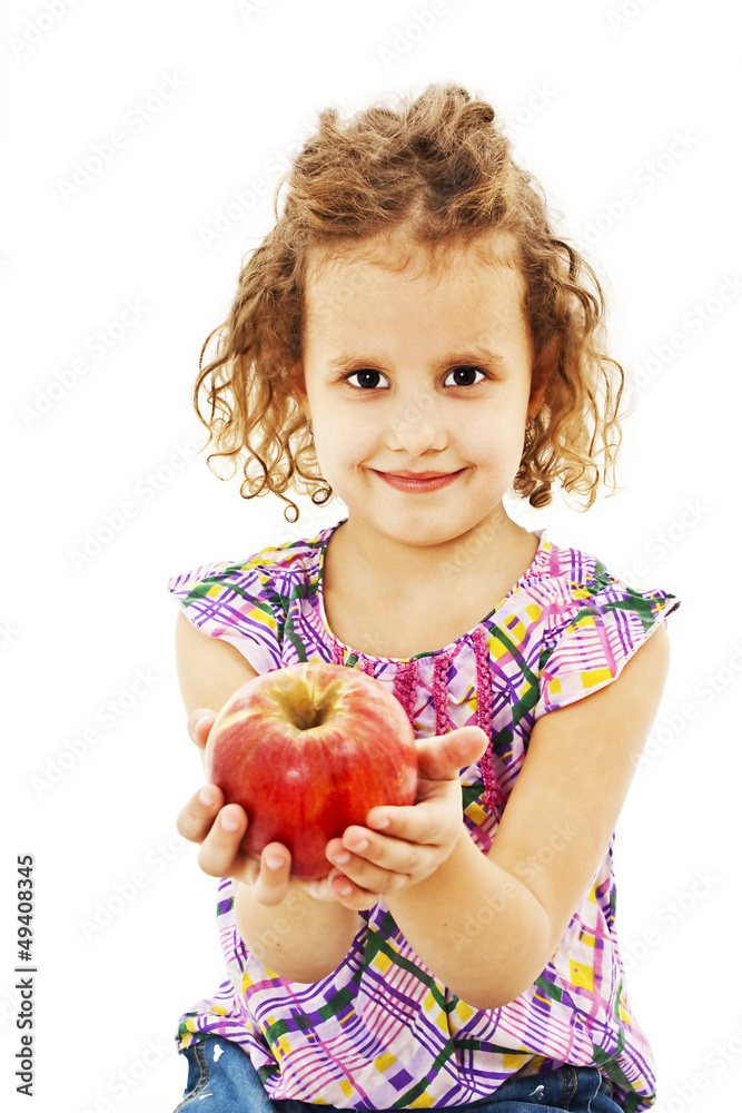 Beautiful curly girl with apple on white background Beautiful curly girl with apple on white background