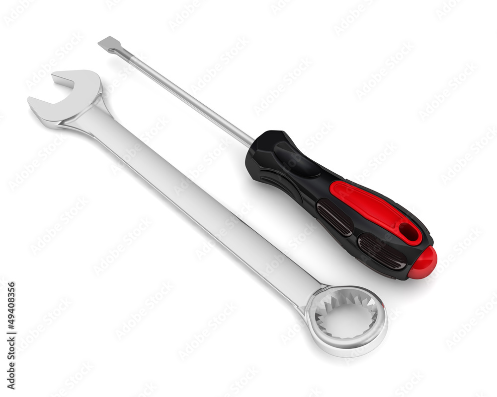 Рабочие инструменты - шлицевая отвертка и гаечный ключ