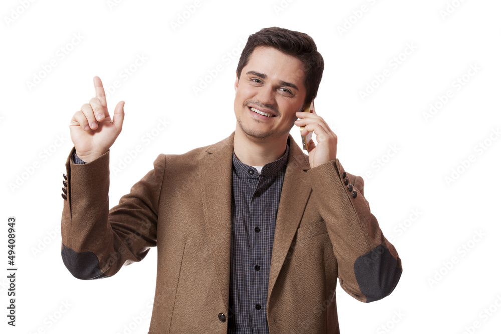 Portrait of business man using cellphone on white background Portrait of business man using cellphone on white background