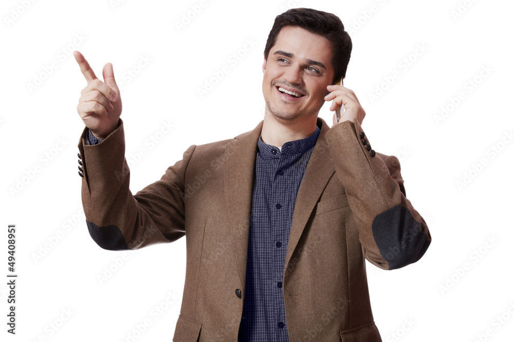 Portrait of business man using cellphone on white background Portrait of business man using cellphone on white background
